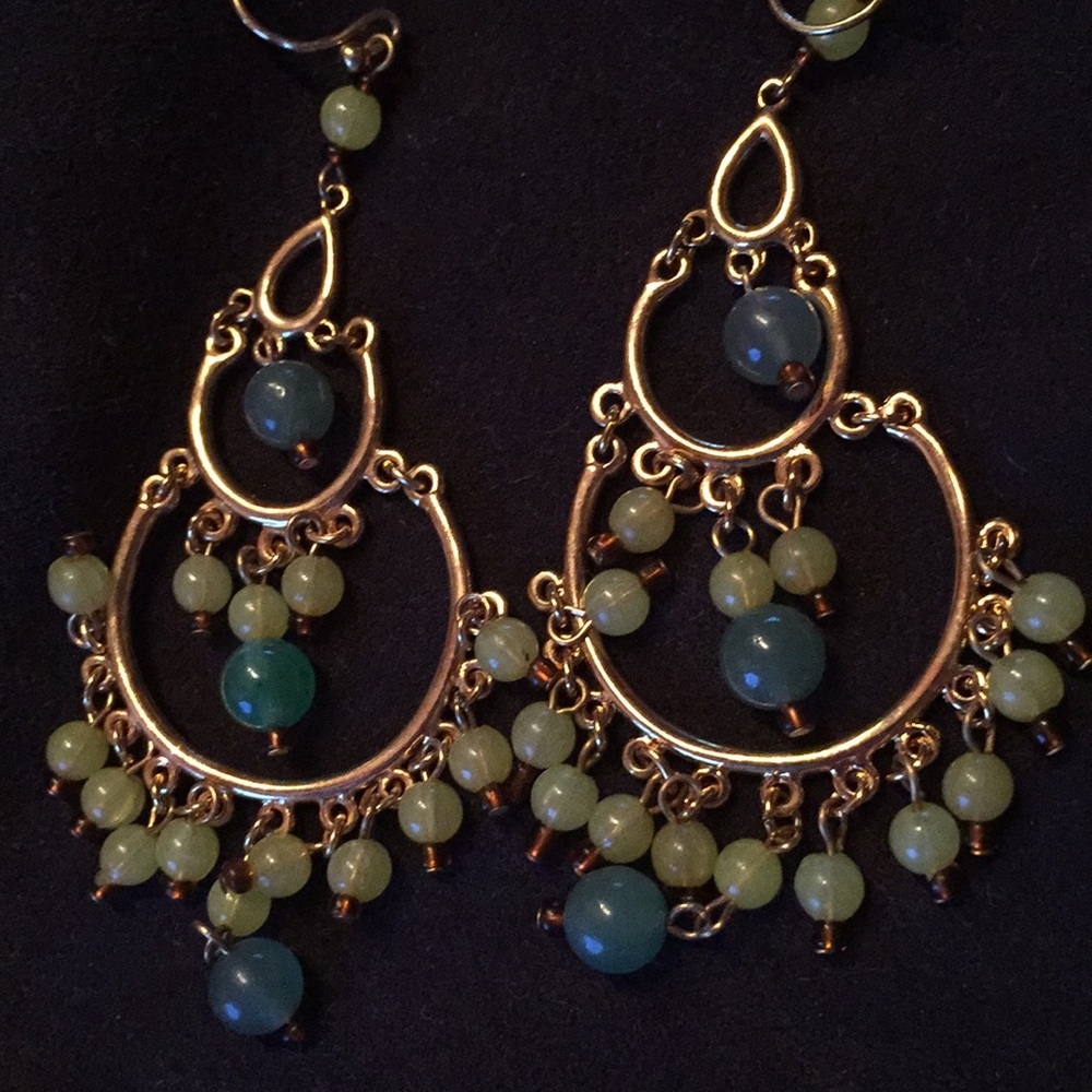 Green Bead Dangle Chandelier Statement Earrings - image 5